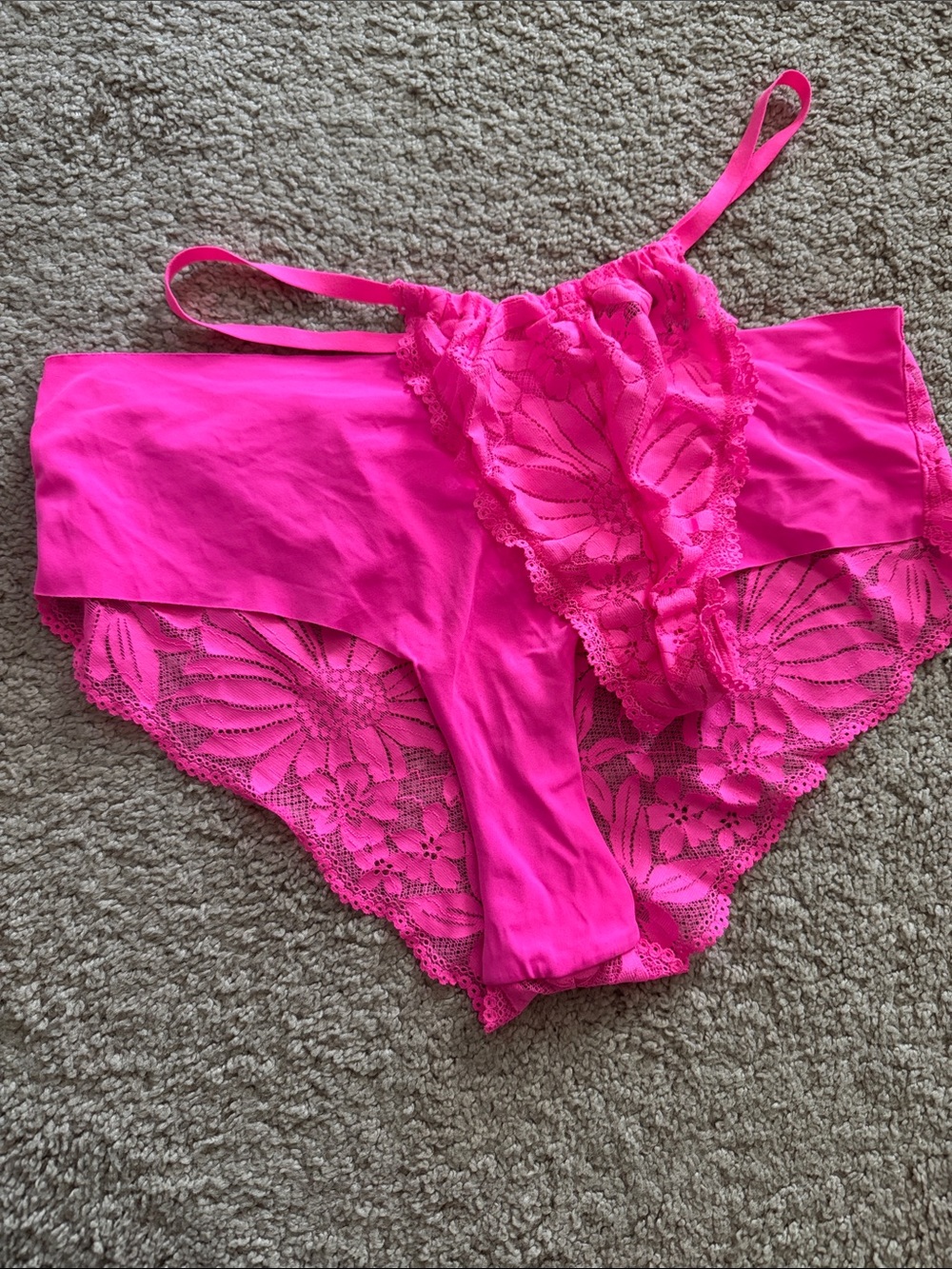 Aerie Women's Hot Pink Lace Trim Briefs and G-string Set